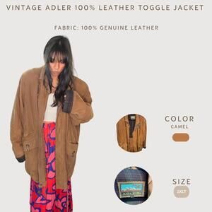 Vintage Adler 100% Leather Toggle Jacket Camel Oversized 2XLT Coat Grunge 90s